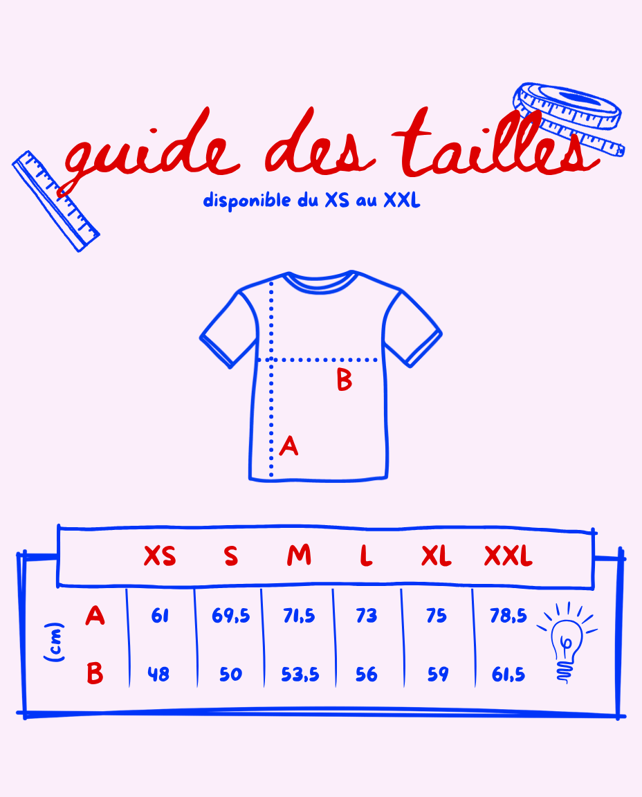 Tableau des tailles et mesures en centimètres pour choisir son t-shirt personnalisé Koeur Indigo (du XS au XXL).
