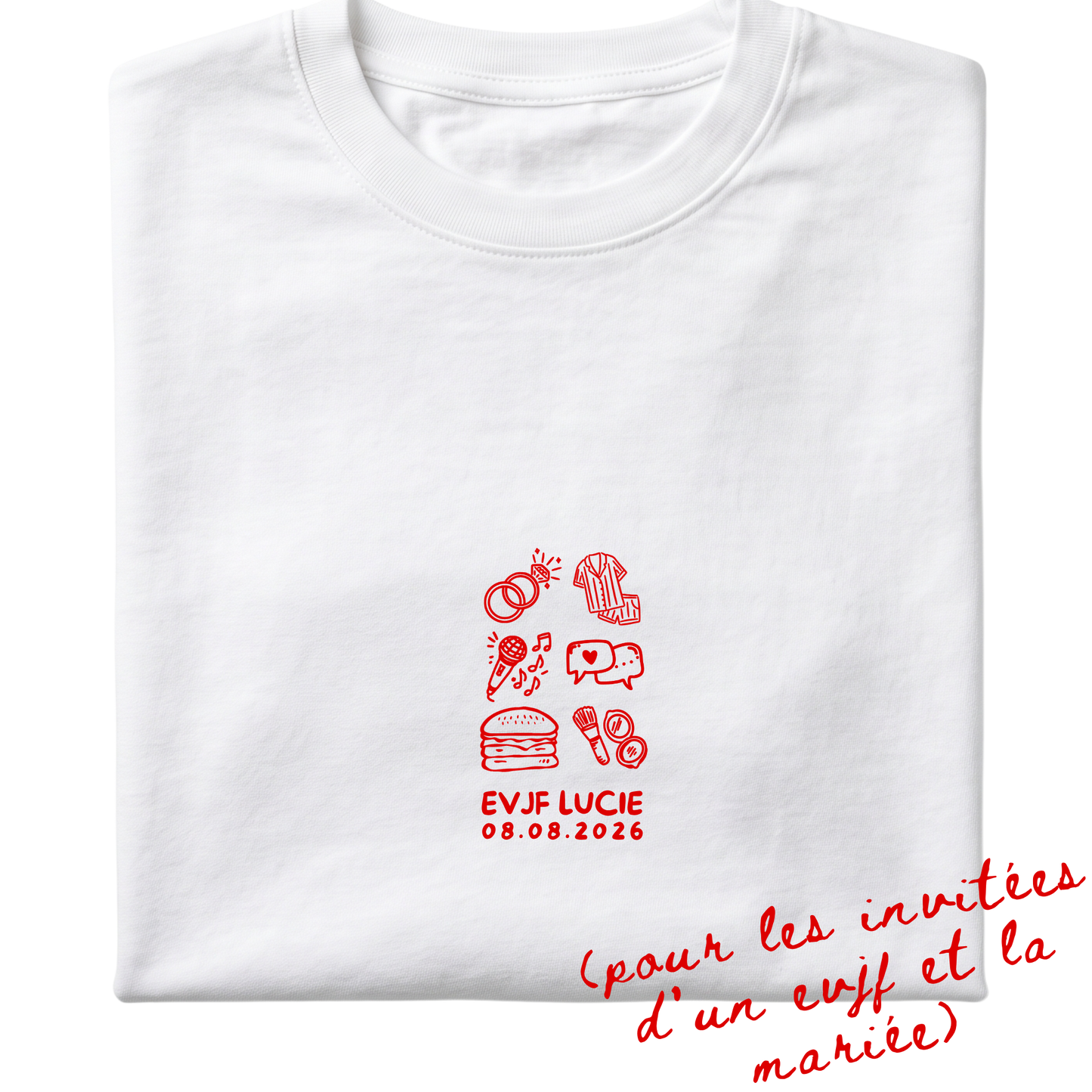 Visuel détouré du modèle de t-shirt Fragments de la marque Koeur Indigo personnalisé avec un motif rouge et un texte personnalisé "EVJF Lucie" et la date de l'EVJF pour offrir aux invités et à la marié pour son EVJF. 
