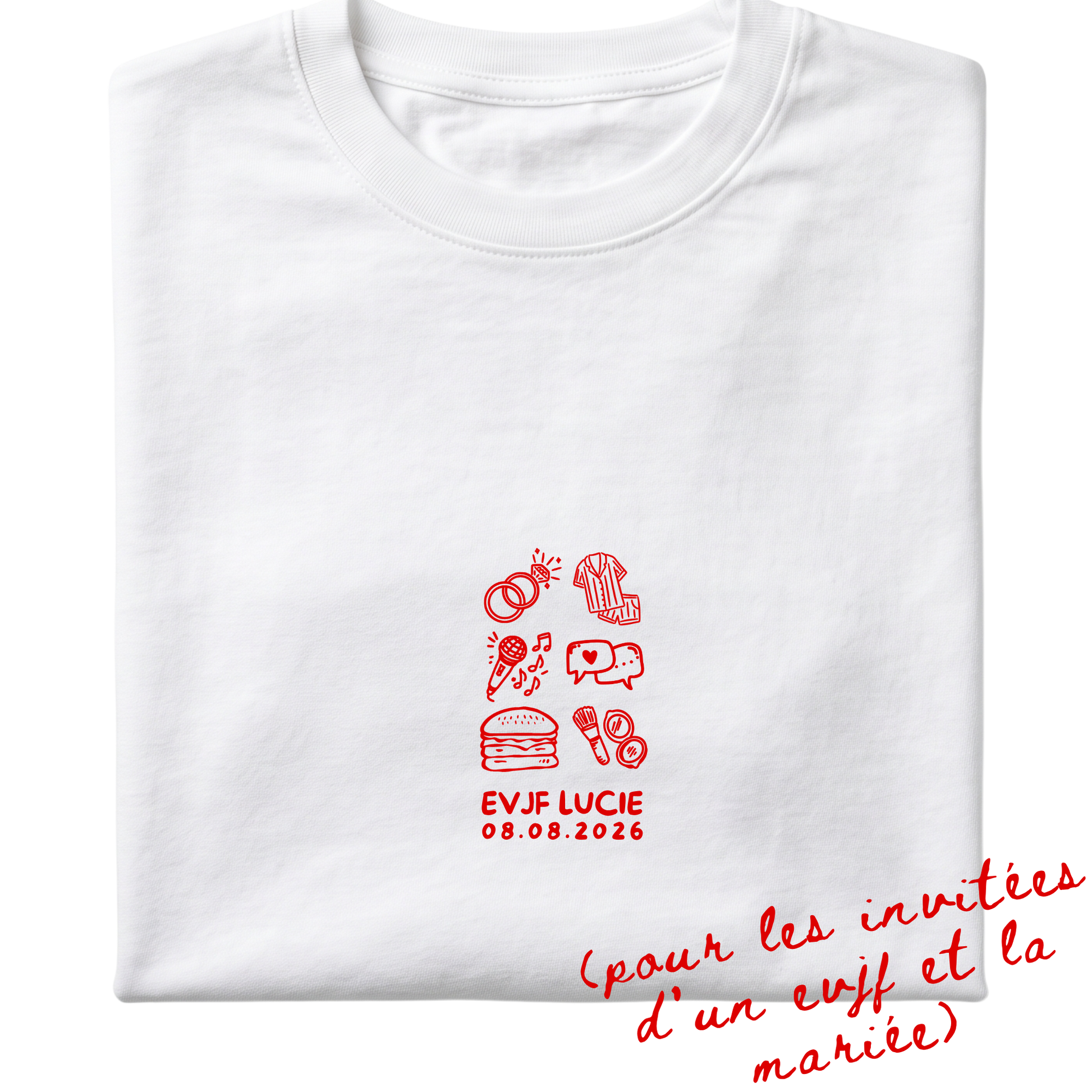 Visuel détouré du modèle de t-shirt Fragments de la marque Koeur Indigo personnalisé avec un motif rouge et un texte personnalisé "EVJF Lucie" et la date de l'EVJF pour offrir aux invités et à la marié pour son EVJF. 