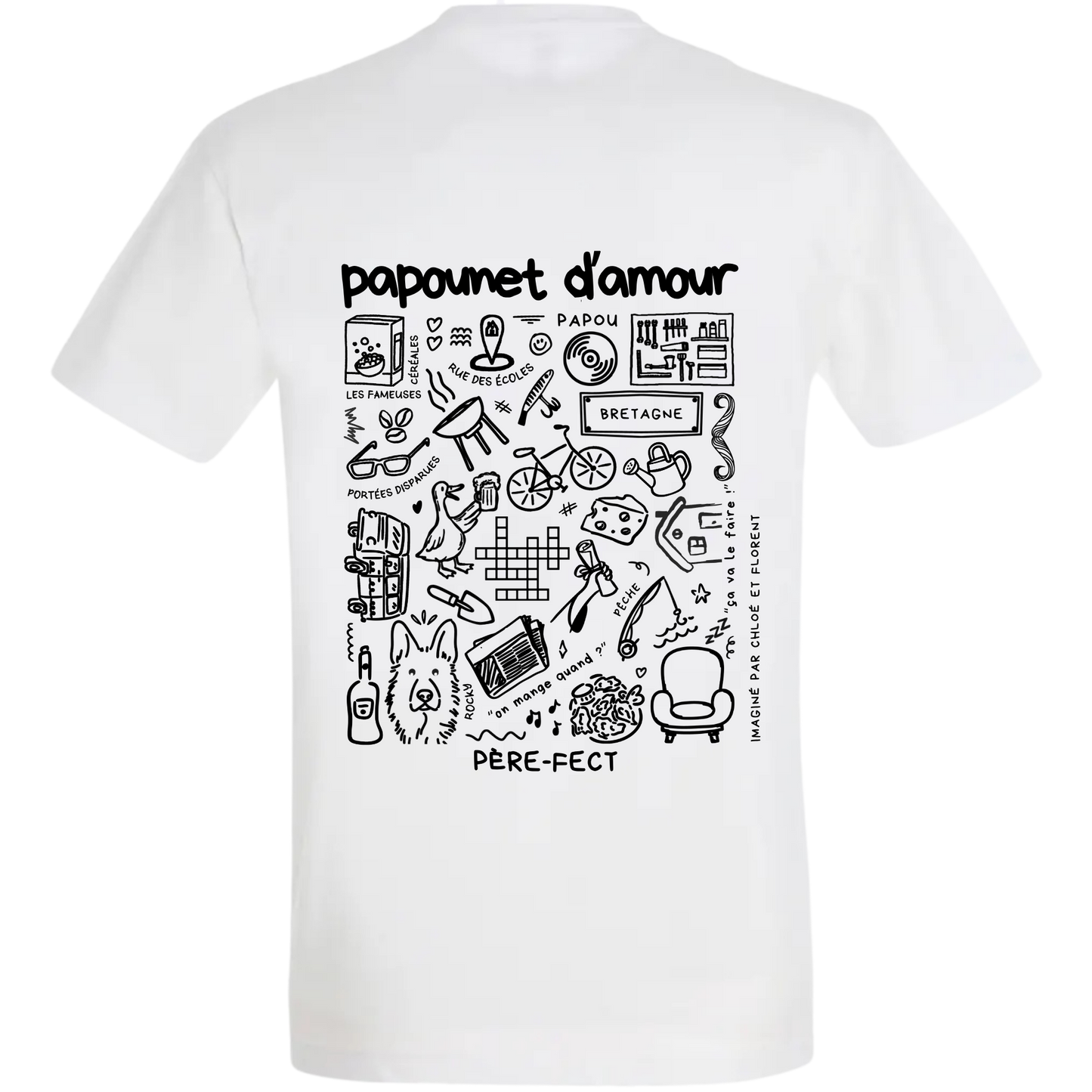 Photo détourée du modèle de t shirt Archives de la marque Koeur Indigo où il y a les souvenirs d'un père et de ses enfants pour la fête des pères et où il est inscrit "papounet d'amour" et "père-fect". 