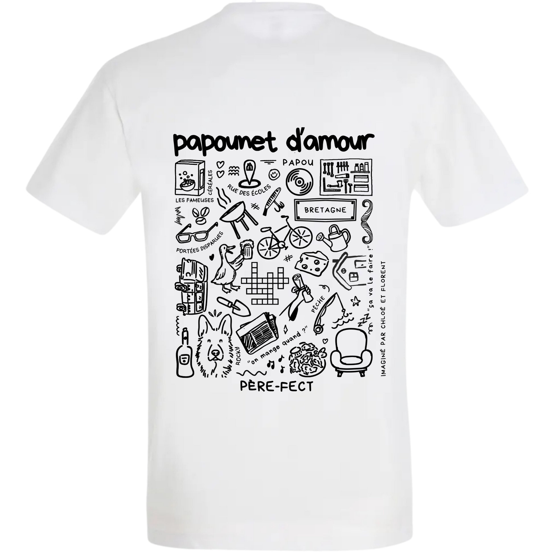 Photo détourée du modèle de t shirt Archives de la marque Koeur Indigo où il y a les souvenirs d'un père et de ses enfants pour la fête des pères et où il est inscrit "papounet d'amour" et "père-fect". 