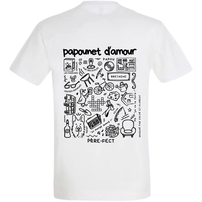 Photo détourée du modèle de t shirt Archives de la marque Koeur Indigo où il y a les souvenirs d'un père et de ses enfants pour la fête des pères et où il est inscrit "papounet d'amour" et "père-fect". 